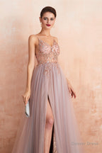 Spaghetti Straps V Neck Sheer Top Tulle Long Prom Dresses with Side Slit