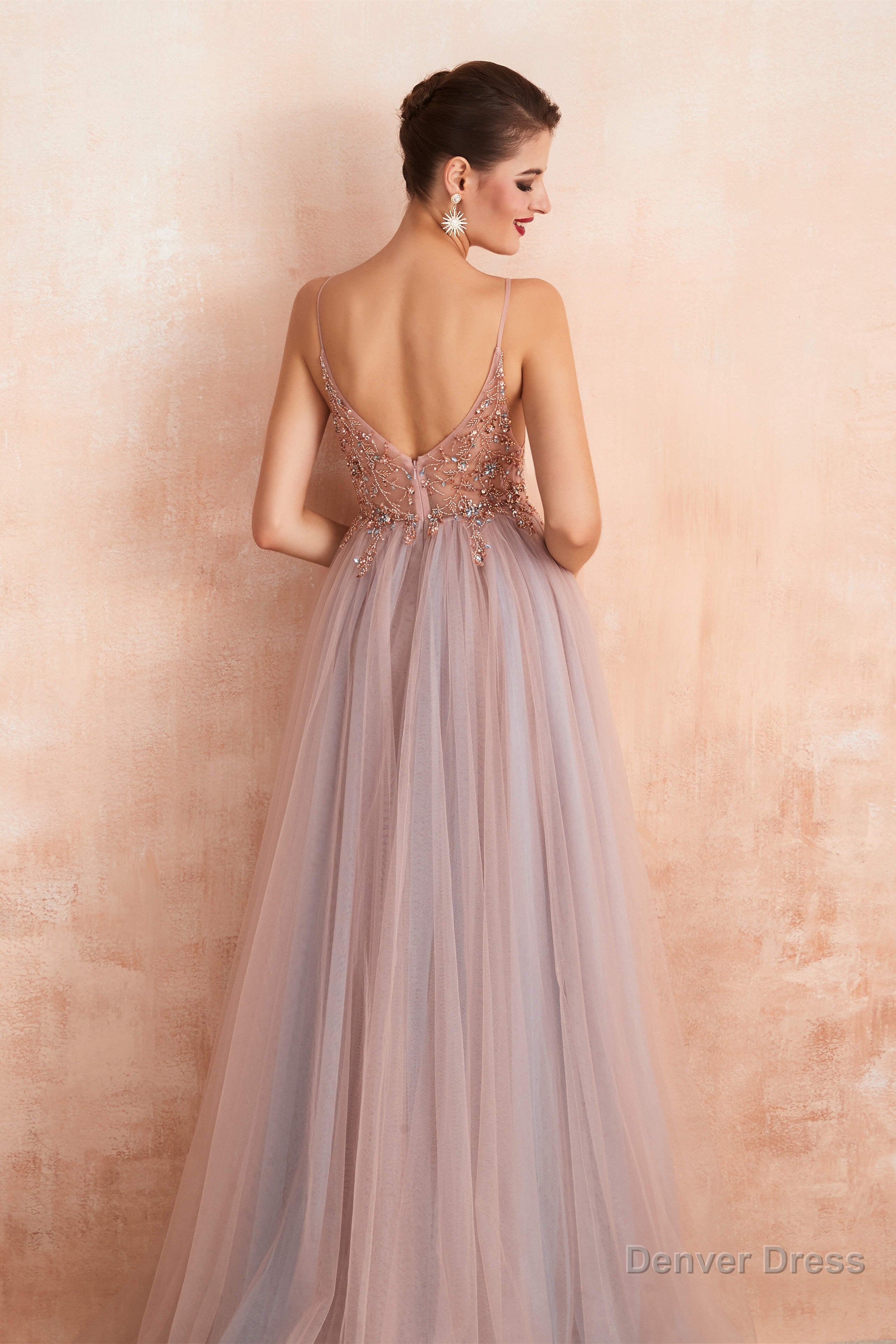 Spaghetti Straps V Neck Sheer Top Tulle Long Prom Dresses with Side Slit
