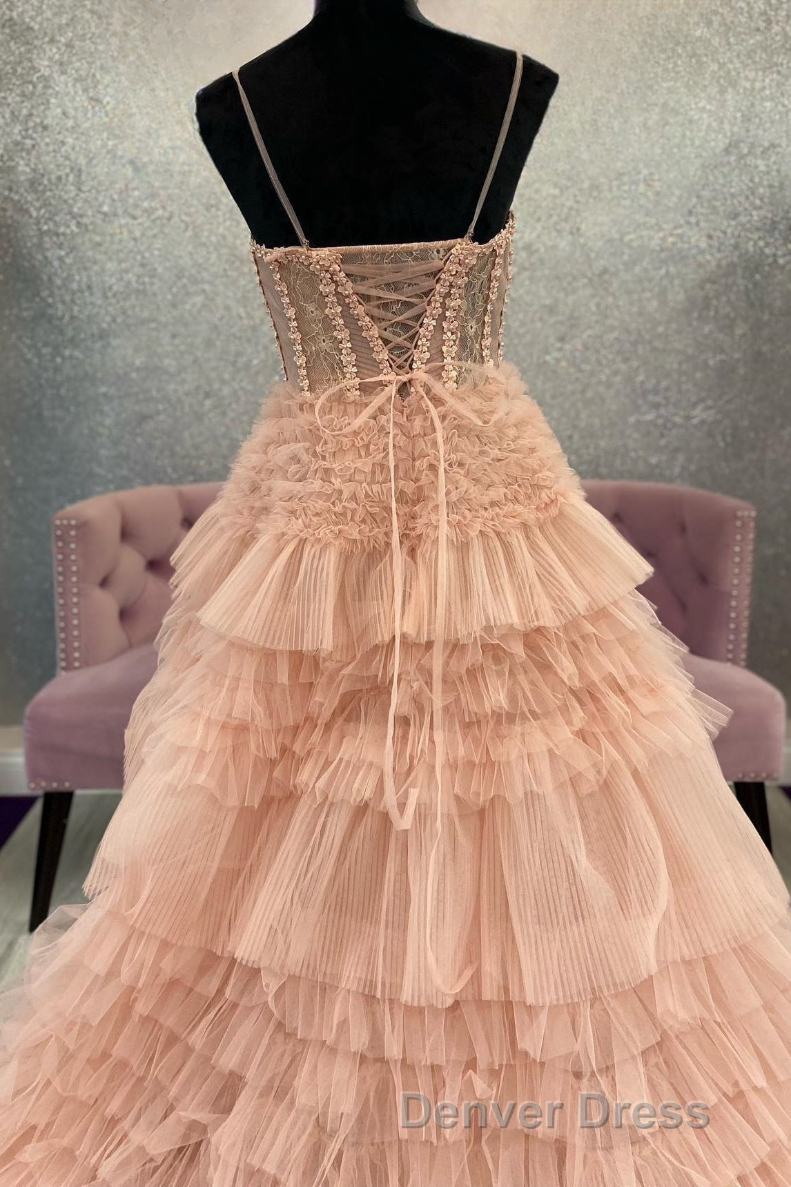 Blushing Pink Tulle Ruffle Layers Lace-Up Back A-Line Prom Dresses Secondary image