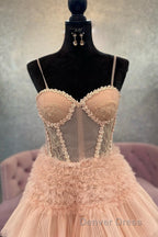 Blushing Pink Tulle Ruffle Layers Lace Up Back A Line Prom Dresses
