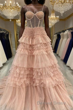 Blushing Pink Tulle Ruffle Layers Lace Up Back A Line Prom Dresses