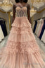 Blushing Pink Tulle Ruffle Layers Lace Up Back A Line Prom Dresses