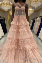 Blushing Pink Tulle Ruffle Layers Lace-Up Back A-Line Prom Dresses