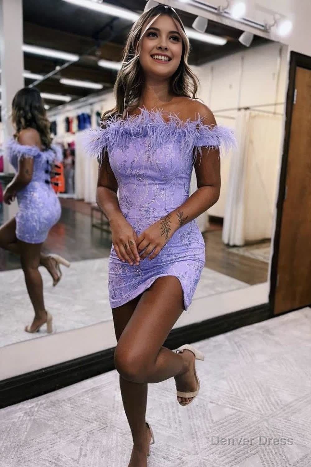 Bodycon Charming Lilac Off The Shoulder Homecoming Dresses With Feather Secondary image