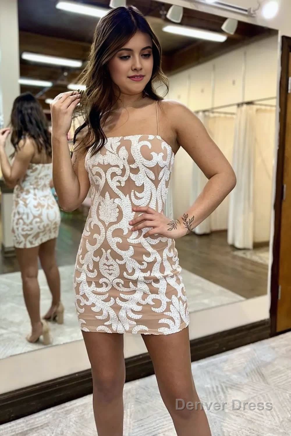 Bodycon Spaghetti Straps Dark Green Sequin Lace Short Homecoming Dresses Secondary image