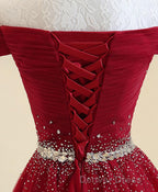 Burgundy Tulle Off Shoulder Long Prom Dress, Burgundy Prom Dresses