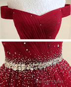 Burgundy Tulle Off Shoulder Long Prom Dress, Burgundy Prom Dresses