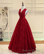 Burgundy V Neck Lace Long Prom Dress, Burgundy Prom Dresses