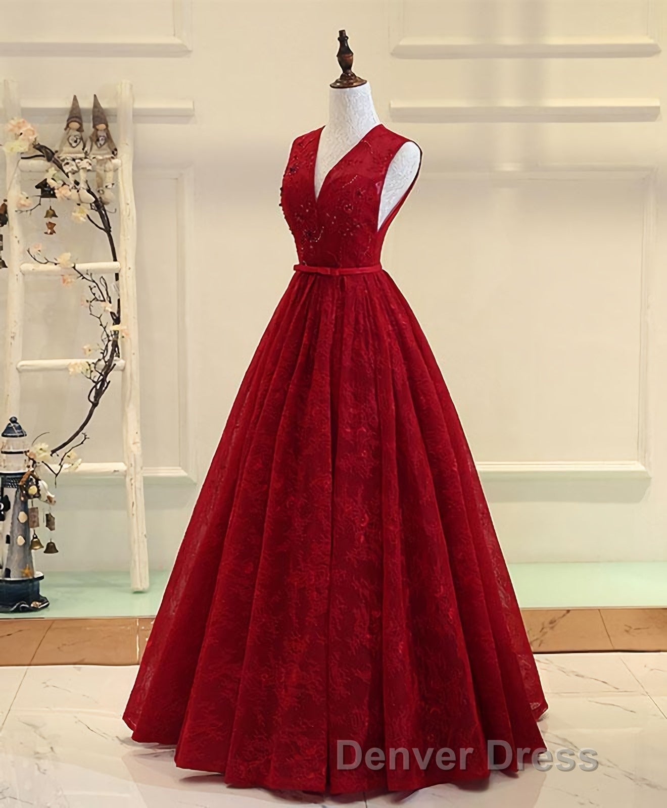 Burgundy V Neck Lace Long Prom Dress, Burgundy Prom Dresses