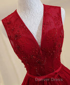 Burgundy V Neck Lace Long Prom Dress, Burgundy Prom Dresses