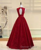 Burgundy V Neck Lace Long Prom Dresses, Burgundy Evening Dresses