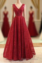Burgundy V Neck Lace Long Prom Gown Burgundy Evening Dresses