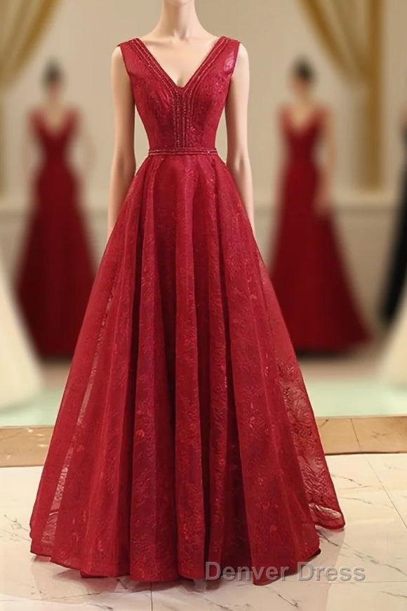 Burgundy V Neck Lace Long Prom Gown Burgundy Evening Dresses
