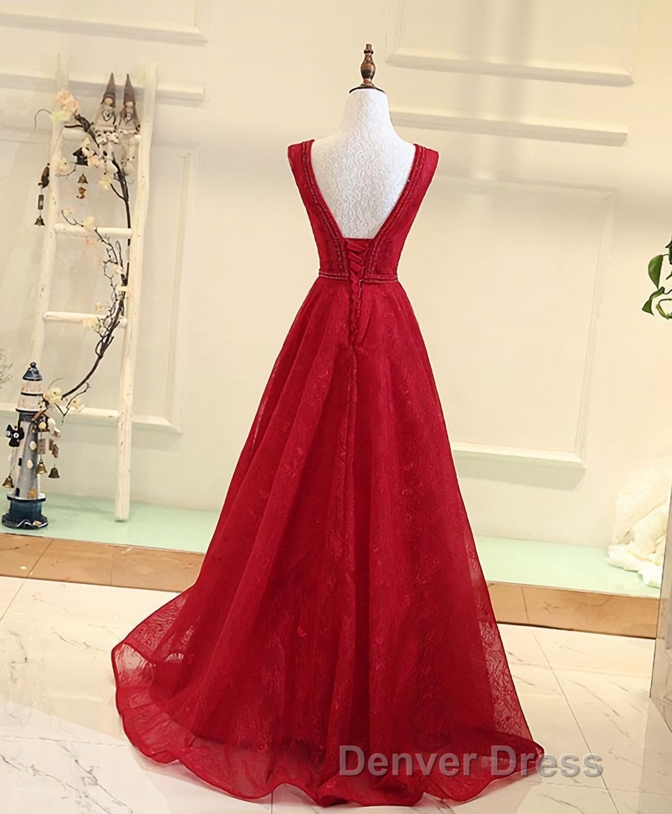 Burgundy V Neck Lace Long Prom Gown Burgundy Evening Dresses