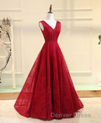 Burgundy V Neck Lace Long Prom Gown Burgundy Evening Dresses