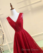 Burgundy V Neck Lace Long Prom Gown Burgundy Evening Dresses