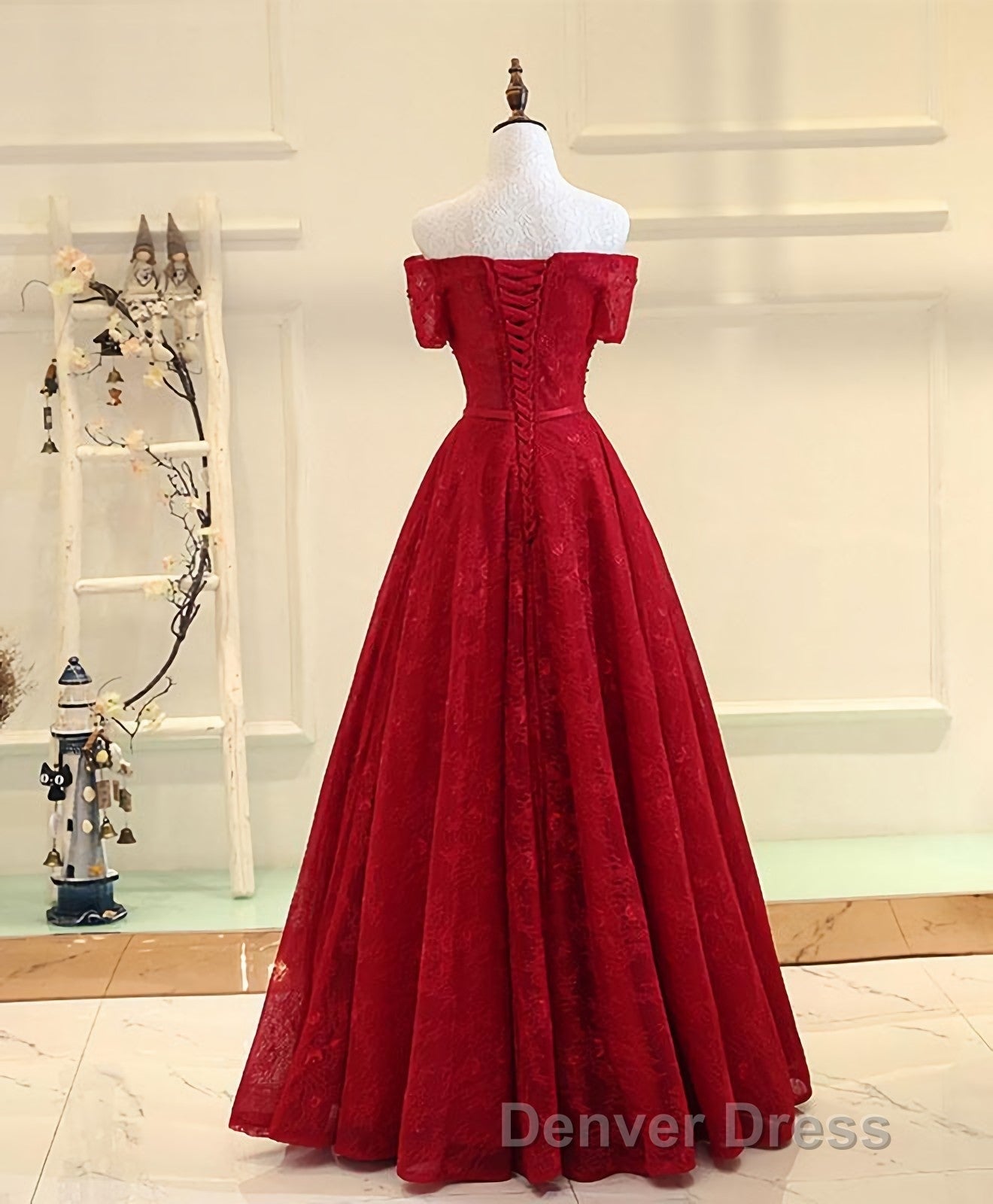Burgundy a Line Lace Long Prom Dresses, Burgundy Evening Dresses