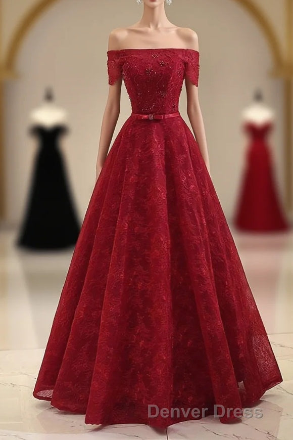 Burgundy a Line Lace Long Prom Dresses, Burgundy Evening Dresses Main image