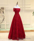 Burgundy a Line Lace Long Prom Dresses, Burgundy Evening Dresses