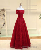 Burgundy A Line Lace Long Prom Dress, Burgundy Prom Dresses