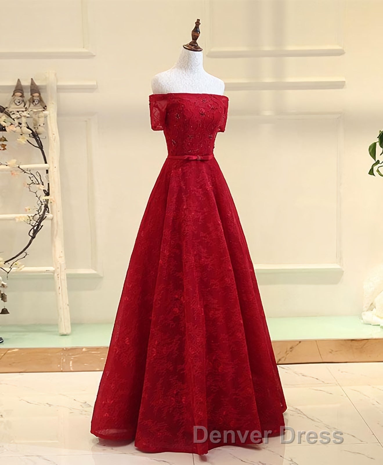 Burgundy A Line Lace Long Prom Dress, Burgundy Prom Dresses