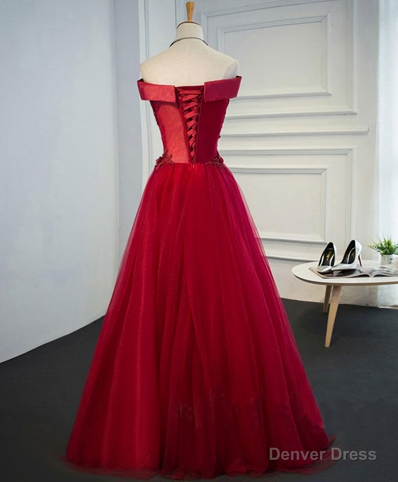 Burgundy Lace Tulle Long Prom Dress, Off Shoulder Prom Dresses