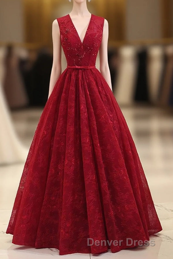 Burgundy V Neck Lace Long Prom Dresses, Burgundy Evening Dresses Main image