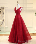 Burgundy V Neck Lace Long Prom Gown Burgundy Evening Dresses