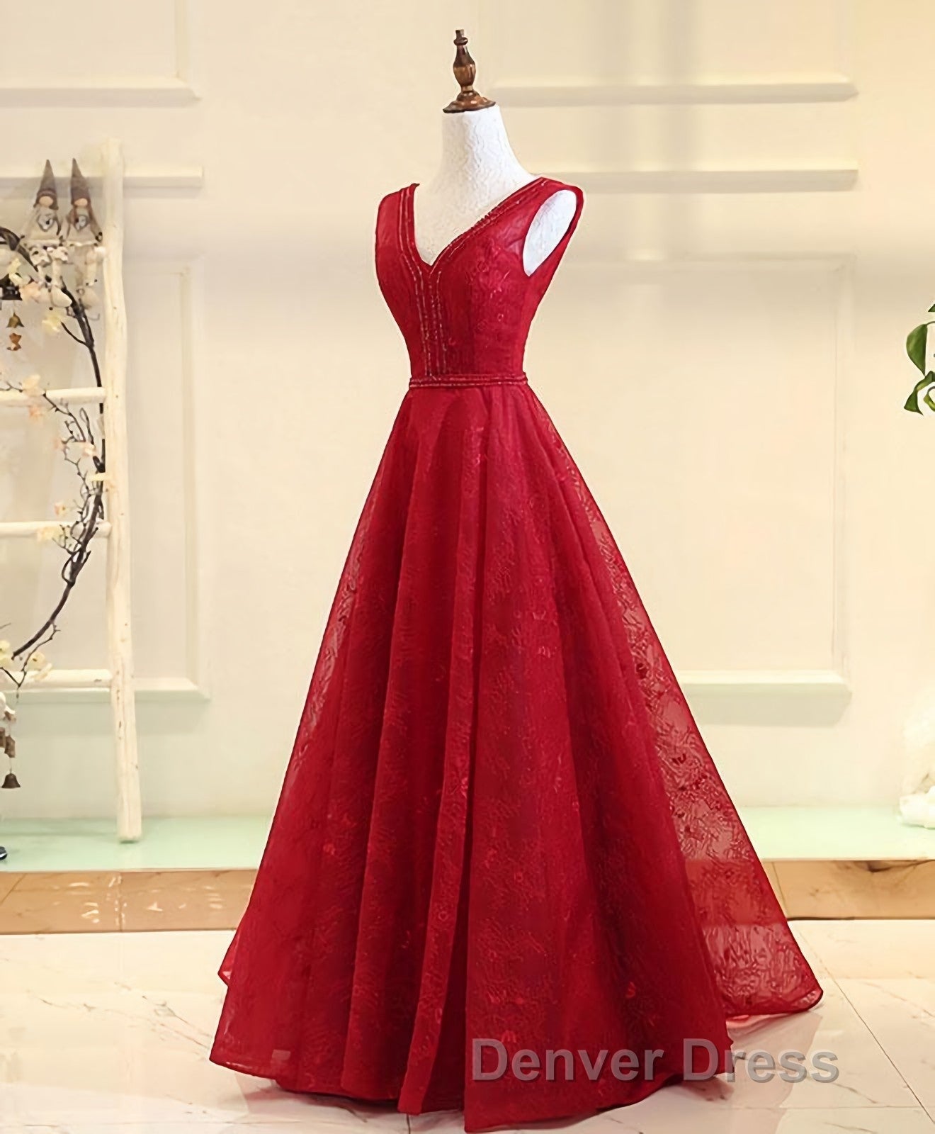 Burgundy V Neck Lace Long Prom Gown Burgundy Evening Dresses