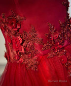 Burgundy Lace Tulle Long Prom Dress, Off Shoulder Prom Dresses