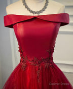 Burgundy Lace Tulle Long Prom Dress, Off Shoulder Prom Dresses