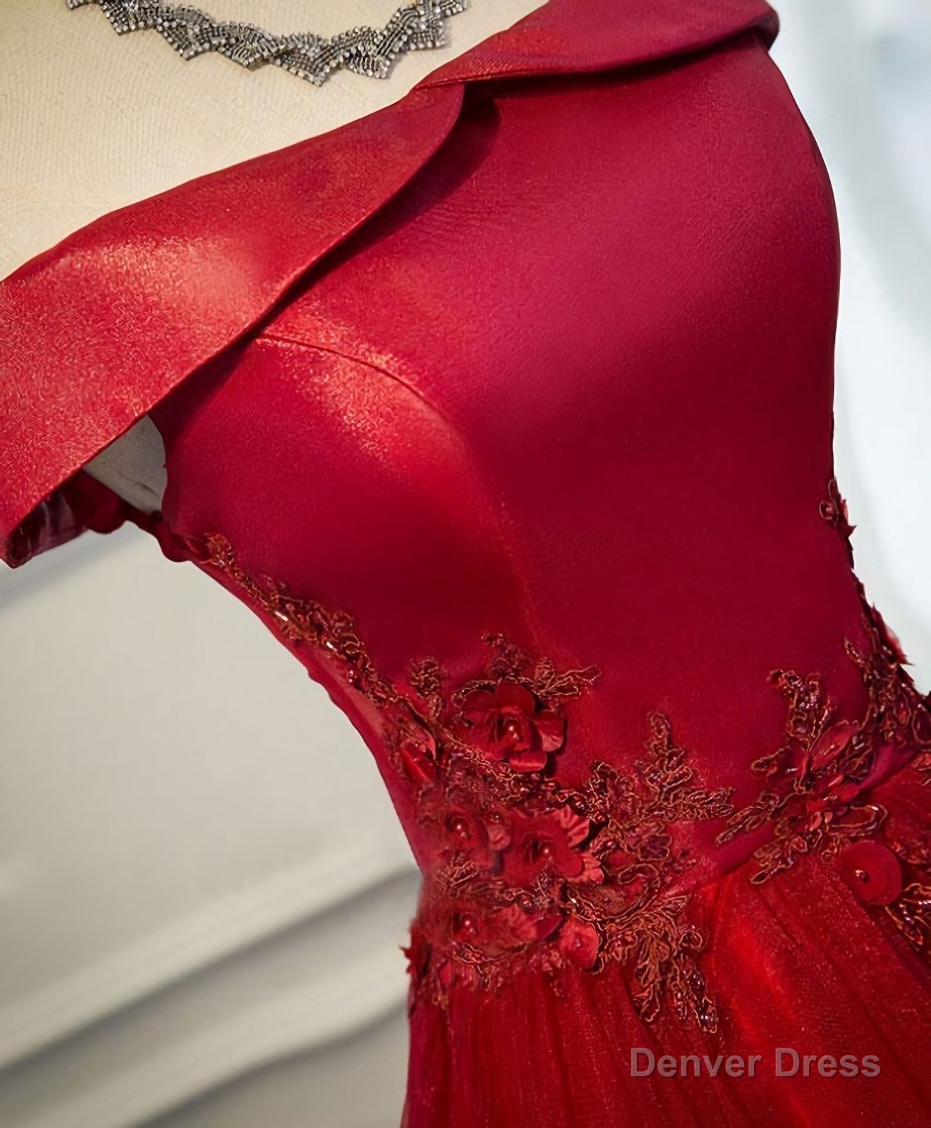 Burgundy Lace Tulle Long Prom Dress, Off Shoulder Prom Dresses