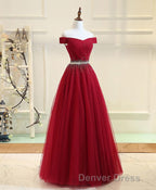 Burgundy Tulle Off Shoulder Long Prom Dresses, Burgundy Evening Dresses