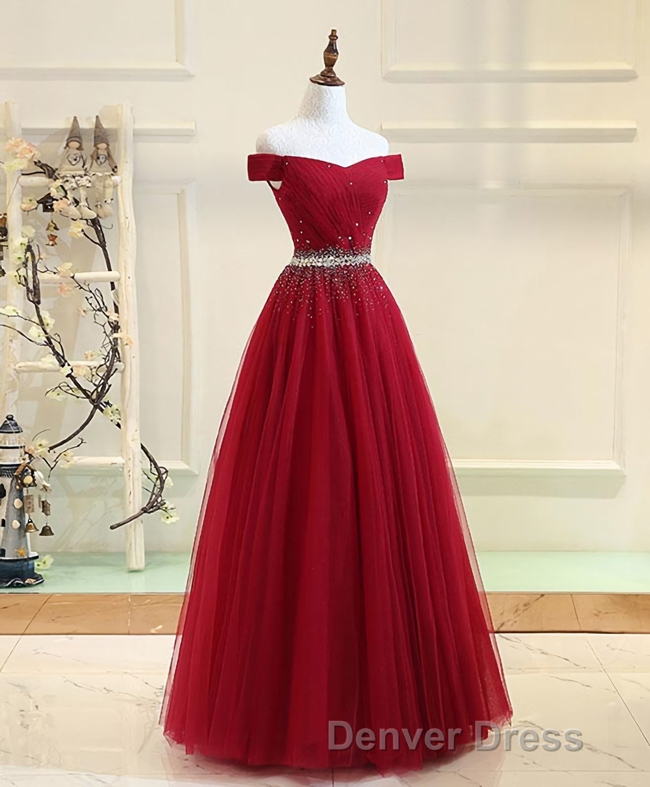 Burgundy Tulle Off Shoulder Long Prom Dresses, Burgundy Evening Dresses