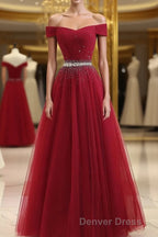 Burgundy Tulle Off Shoulder Long Prom Dresses, Burgundy Evening Dresses