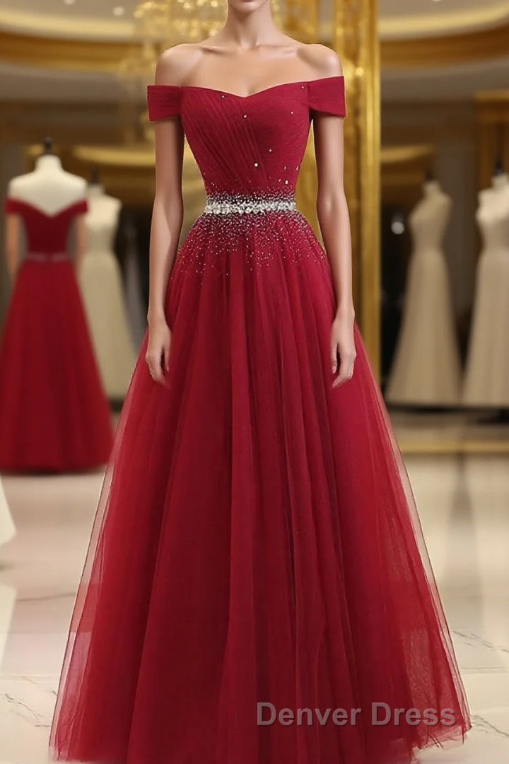 Burgundy Tulle Off Shoulder Long Prom Dresses, Burgundy Evening Dresses