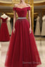 Burgundy Tulle Off Shoulder Long Prom Dresses, Burgundy Evening Dresses