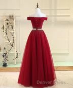 Burgundy Tulle Off Shoulder Long Prom Dresses, Burgundy Evening Dresses