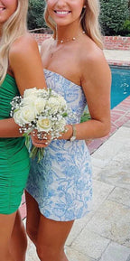 Bravo Floral Print Homecoming Dresses Strapless Mini Prom Gowns,