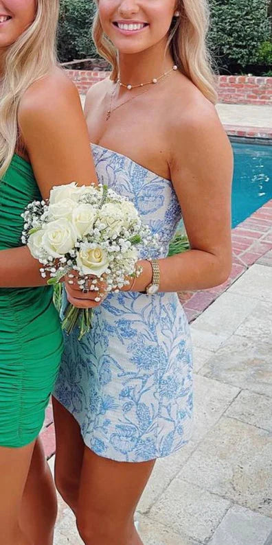Bravo Floral Print Homecoming Dresses Strapless Mini Prom Gowns,