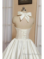 Bridal Shower Little White Dress Wedding Dresses Tea Length A Line Sleeveless Halter Satin With Bow(S) Pleats