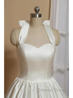 Bridal Shower Little White Dress Wedding Dresses Tea Length A Line Sleeveless Halter Satin With Bow(S) Pleats
