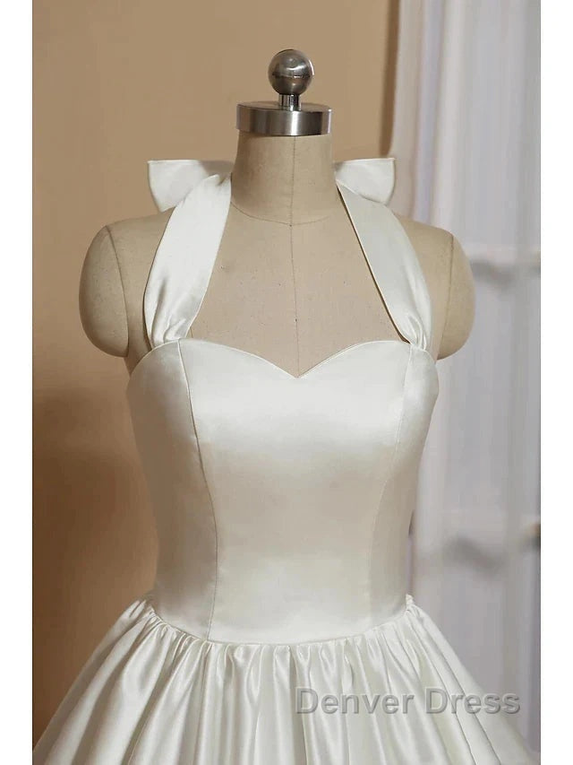 Bridal Shower Little White Dress Wedding Dresses Tea Length A Line Sleeveless Halter Satin With Bow(S) Pleats