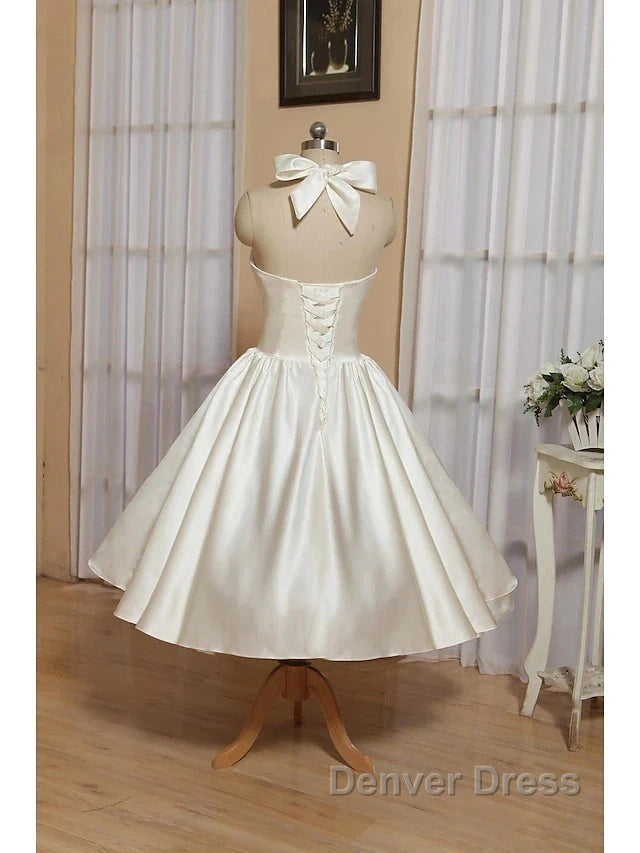 Bridal Shower Little White Dress Wedding Dresses Tea Length A Line Sleeveless Halter Satin With Bow(S) Pleats