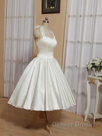 Bridal Shower Little White Dress Wedding Dresses Tea Length A Line Sleeveless Halter Satin With Bow(S) Pleats