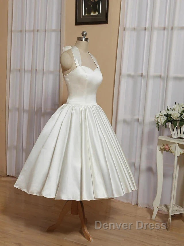 Bridal Shower Little White Dress Wedding Dresses Tea Length A Line Sleeveless Halter Satin With Bow(S) Pleats