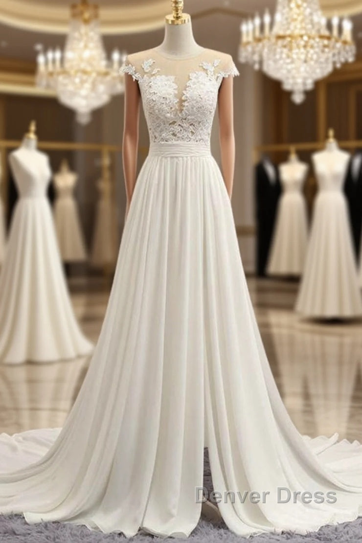 Front Slit Appliques Chiffon A-line Wedding Dresses Main image