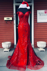 Fuchsia Off-Shoulder Sequined Floral Mermaid Long Prom Dresses with Slit