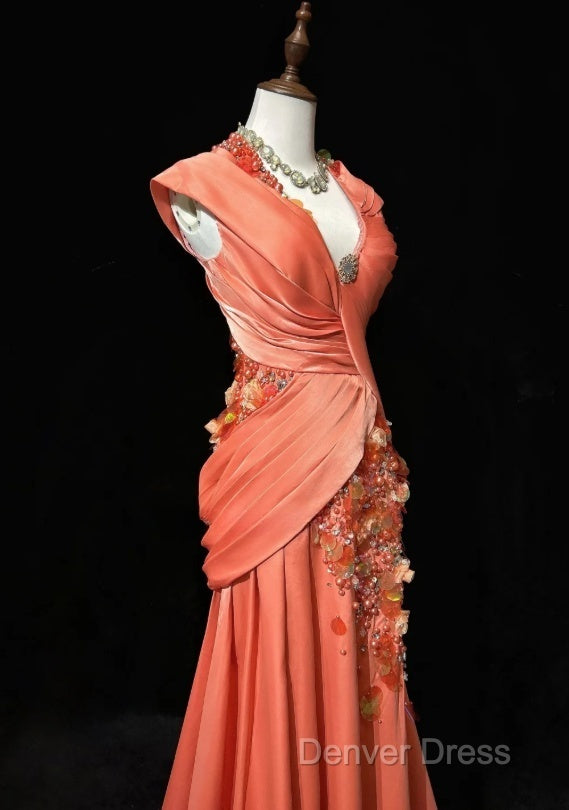 Bright Orange Mermaid V-Neck Satin Beaded Long Prom Dresses Sequined Evening Gown