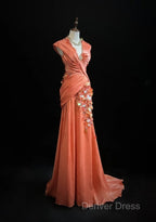 Bright Orange Mermaid V-Neck Satin Beaded Long Prom Dresses Sequined Evening Gown